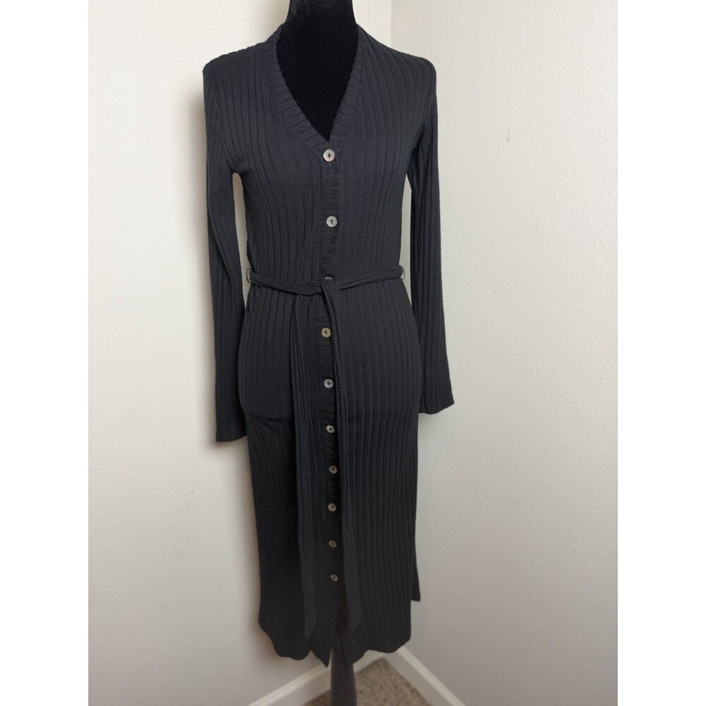 Michael Stars Ribbed Button Front Long Cardigan Sweater Black S
